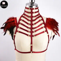 Gothic Feather Body Harness Cage Bra Epaulettes Angel Wings Women Burning Man Adjust Pole Dance Rave Wear Red Neck Harness Bra