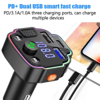 Car MP3 Player Bluetooth 5.0 FM Transmitter Handsfree Car Radio Modulator with Dual USB PD USB Quick Charge Adapter for Car