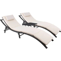 Outdoor Chaise Lounge Chair, Rattan Adjustable Back 3 Pieces Folding Chaise Lounge, Outdoor Chaise Lounge Chair