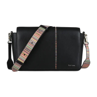 【Paul Smith】PAUL SMITH燙印LOGO條紋設計牛皮/小牛皮翻蓋吸釦式斜背包(黑)