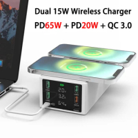 3 in 1 Multi USB Charger Station 65W PD 3.0 QC 20W Fast Charging Dock Dual 15W Wireless Charger Pad For Samsung iPhone 11 Laptop
