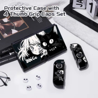 1 Pcs The cat and the girl Protective Case Bundle with 4pcs Grip Caps For Nintendo Switch OLED