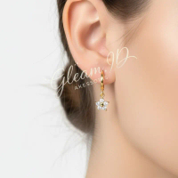 Anting Emas Bunga Permata Gantung / Anting Huggie Flower Lucu