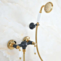 Black Oil &amp; Gold Brass Bath Shower Faucets Set Wall Mounted Hand Held Shower Head Kit Shower Faucet Sets Double Handles Kna509