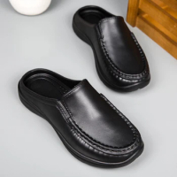 Large size half-slipper men's shoes with one-step pedal, driving shoes, non-slip chef shoes, men's casual leather shoes