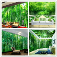 中式竹林風景墻紙辦公室餐廳客廳電視背景墻田園壁畫裝飾竹子壁紙
