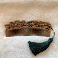 免運 古風檀木梳子 福滿和和美美自然原木防靜電雕刻蓮荷花葉推薦中式古風綠檀木梳子