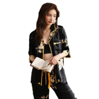 6311-b1 Silk pjs for Women's Satin Pyjama Pajama Set Long Sleeve Casual Sleepwear Nightwear Comfortable Animal Loungewear Satin