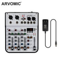 4-Channel Audio Mixer, ARVOMIC DJ Mixer with Bluetooth Function, USB Audio Interface, 3-Band EQ, Delay &amp; Repeat (ARF4)