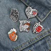 Custom Rib Cage Enamel Pins with Gothic Human Anatomical Rose Bloody Heart Lapel Badges Brooches Jewelry Gift Friend Wholesale
