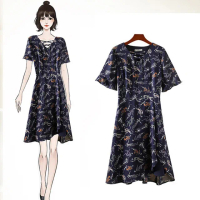 【麗質達人】11163藍色短袖印花洋裝(特價商品)