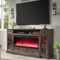 Fireplace TV Stand for 80 Inch TV, Farmhouse Entertainment Center with 42" Fireplace &amp; LED Lights, Table with Drawers &amp; Cabinets