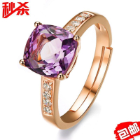 包郵925銀日韓仿真鉆石玫瑰金紫水晶活口戒子 寶石鉆戒指環單禮物