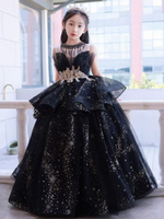 【量身定制】黑色女童晚禮服鋼琴演奏主持人生日宴氣質走秀2025新款兒童公主裙
