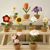 1PC Finished Hand-knitted Sunflower Tuilp Crochet Flowers Potted Hand-woven Flower Desktop Ornament Party Home Decoration Gifts
