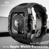 For Apple Watch 9 8 7 45m Carbon Fiber Case Protection Modification Kit For Iwatch 44mm 6 5 4 Fluororubber Strap Black