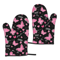 Pink Butterfly Watercolor Oven Mitts Set of 2 Heat Resistant Gloves Kitchen Oven Gloves Heat Resistant for Cooking Grilling BBQ