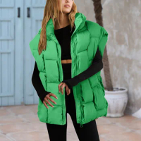 Women'S Winter Quilted Oversized Vest Coat Puffy Lightweight Stand Collar Flight Sleeves Insulated Padded Jacket With Pockets