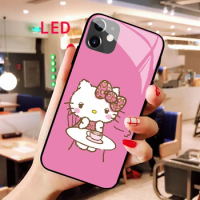 Luminous Tempered Glass phone case For Apple iphone 12 11 Pro Max XS Hello Kitty Acoustic Control Protect LED Backlight cover