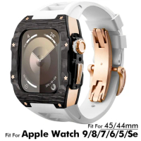 Carbon Fiber Case for Apple Watch 45mm44mm Protection Modification Kit For Iwatch 9 8 7 6 5 4 SE Fluororubber Strap retrofit kit