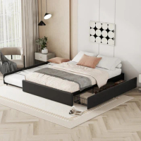 Storage Space and Trundle Bed,Queen Bed Frame with 2 Drawers and A Twin XL Bed, Leather Upholstered Bed,Black/White