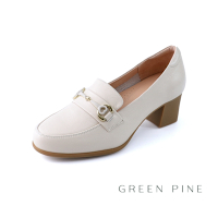 GREEN PINE頂級牛皮馬銜扣樂福粗跟鞋珍珠米(00312611)