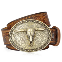 Men's Western Embossed Genuine Leather Belts with Golden Cowboy Longhorn Bull Buckle Belt Business Waist Straps Free Shipping