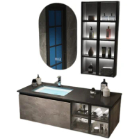 Modern Oval Shape Led Mirror Sink Sintered Stone Bathroom Cabinet