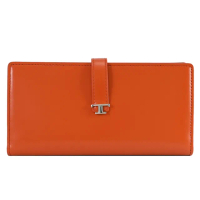 【TOD’S】TODS T Timeless 金屬T LOGO小牛皮扣式零錢長夾(橘/黑)