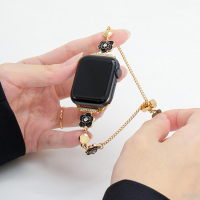絢麗山茶花金屬鏈錶帶 適用於 apple watch 9 s8 7 6 5 se 40mm 41 45mm 女士手鍊錶帶