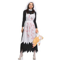Horror Bloody Nun Costume Cosplay Scary Women Halloween Party Fancy Dress