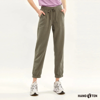 【Hang Ten】女裝-JOGGER FIT棉麻鬆緊腰頭抽繩透氣貼袋休閑束口長褲(橄欖綠)