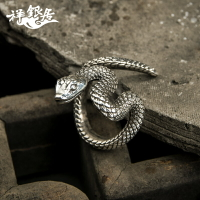 S999足銀 手工銀飾 生肖蛇戒指 個性復古尾戒 情侶對戒 純銀指環