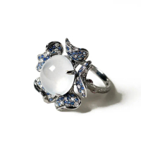 【Fubibaoding jeweler 富璧寶鼎珠寶】冰種蛋面鑲藍寶花鑽戒指(天然A貨 冰種翡翠 送禮 國際圍#11)