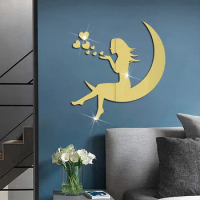 3d Girl On Moon Mirror Stickers Valentine'S Day Wallpaper Acrylic Waterproof Self-Adhesive Paper Wall Stickers For Living Room