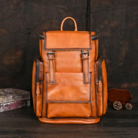 Real Natural Skin Leather Men's Backpack Retro Genuine Leather Travel Bags Large Laptop Backpack First Layer Leather Men Bags