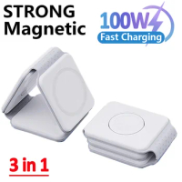 100W Magnetic Wireless Charger Pad Macsafe Foldable for iPhone 14 13 12 Pro Max Apple Watch AirPods 3 in 1 Fast Charging Dock