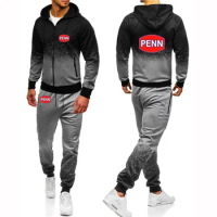 New Penn Fishing Reel Men Zipper Hoodie Casual Tracksuit Hip Hop Harajuku Gradient Color Jacket Sweatpants Man Suits Sportswear