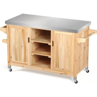 XL Solid Wood Outdoor Table and Storage Cabinet, 59.64’’L x 23.62’’W Movable Grill Table with Stainless Steel Top