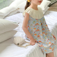 Summer 3-8 Yrs Baby Girls Sleeveless Doll Collar Dress Girls Cotton Sweet Rainbow Printing Beach Dress