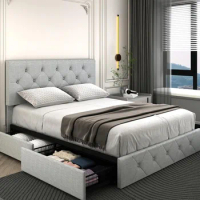 King Size Bed Frame Platform with 4 Storage Drawers, Adjustable Tufted Button Linen Headboard, No Need for a Box Spring