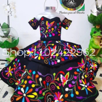 Black Mexican Charro Mini Quinceanera Dresses Off Shoulder Floral Embroidery Toddler Flower Girl Dress vestido catrina nina