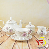 ★堯峰陶瓷★下午茶具組 骨瓷紫花銀線咖啡 英式下午茶具全配套組 一壺六杯 禮盒