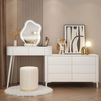 實木岩板奶油風收納櫃化妝台（80CM桌+六抽櫃+雲朵鏡+圓凳）