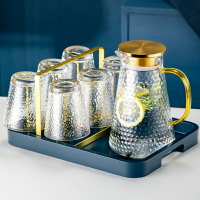金邊錘紋玻璃杯耐綠熱茶杯待客彩色喝水杯子杯架水壺杯具家用套裝