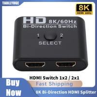 8K 60Hz Bi-Direction Switch HDMI-Compatible Splitter 1x2/2x1 HDMI Switch 2 in1 Out for PS4/3 TV Box Monitor TV Projector Adapter