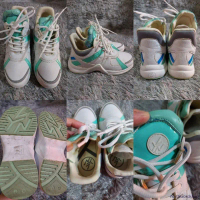 #รองเท้า ผ้าใบ หนังสีขาวเขียว#LYN AROUND SIZE 35 ยาว 22 ซม.หนังลอกตรงลิ้นรองเท้า คลังสินค้า