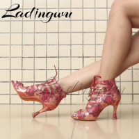 Ladingwu Latin Boots Soft Bottom Dance Shoes Zipper Women's sandals Latin Salsa Dance Shoes Blue/Red Snake texture Suede Boots