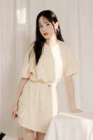 【TIFF】休閒素色縮腰洋裝#米(偏黃)-米(偏黃)