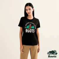 【Roots】Roots女裝-動物派對系列 卡通海狸純棉短袖T恤(黑色)